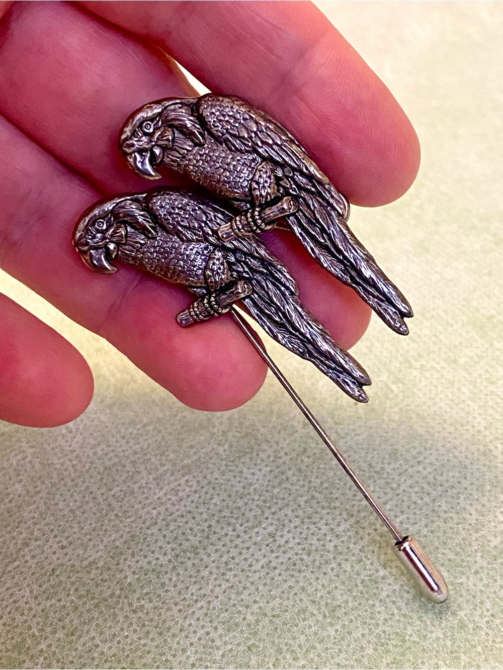 Vintage Silver Parrot Stick Pin Brooch - Double Parrot Design